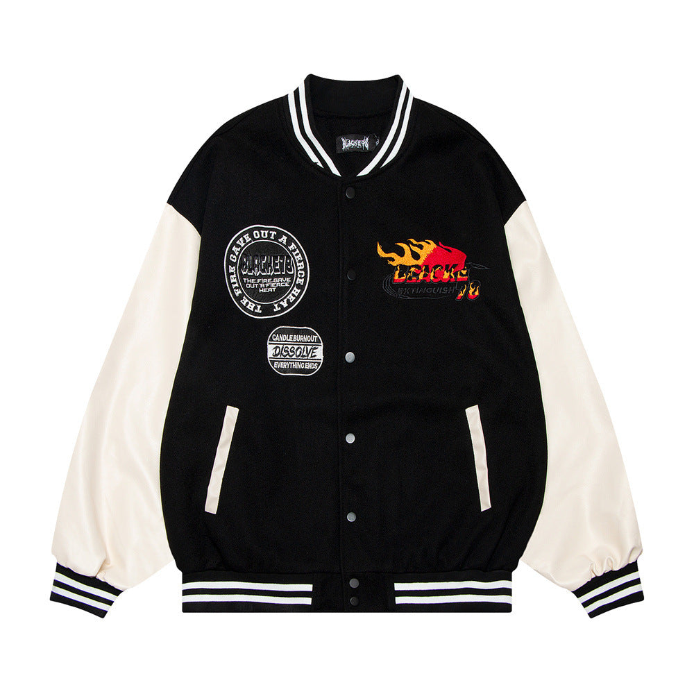 Flame Embroidered Baseball Uniform Jacket European And American Men's Loose