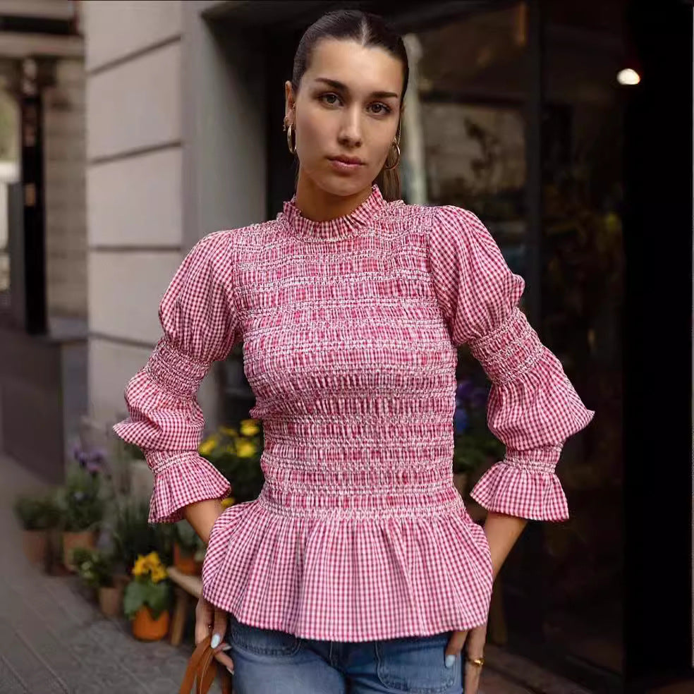 Plaid-printed Pleated Crew-neck Long-sleeve Slim-fit Women's Top