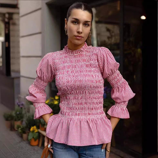 Plaid-printed Pleated Crew-neck Long-sleeve Slim-fit Women's Top