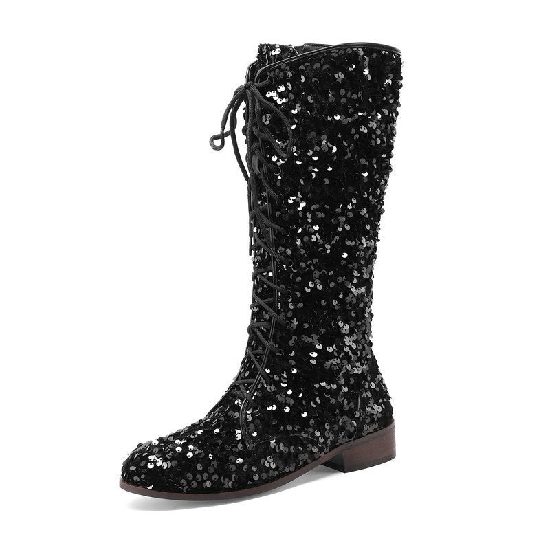 Glittery Round-toe Mid-heel Over-the-knee Boots With Front Lacing