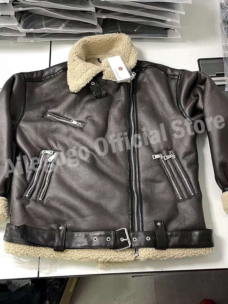 Autumn Winter Women Faux Lamb Fur Thick Warm Jacket with Belt Streetwear Female Zipper Loose Moto Biker Coat Outwear