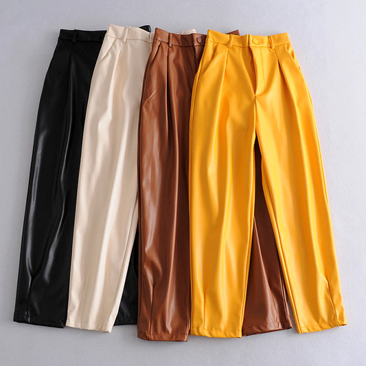 Spring New Imitation Leather Elastic Waist PU Trousers
