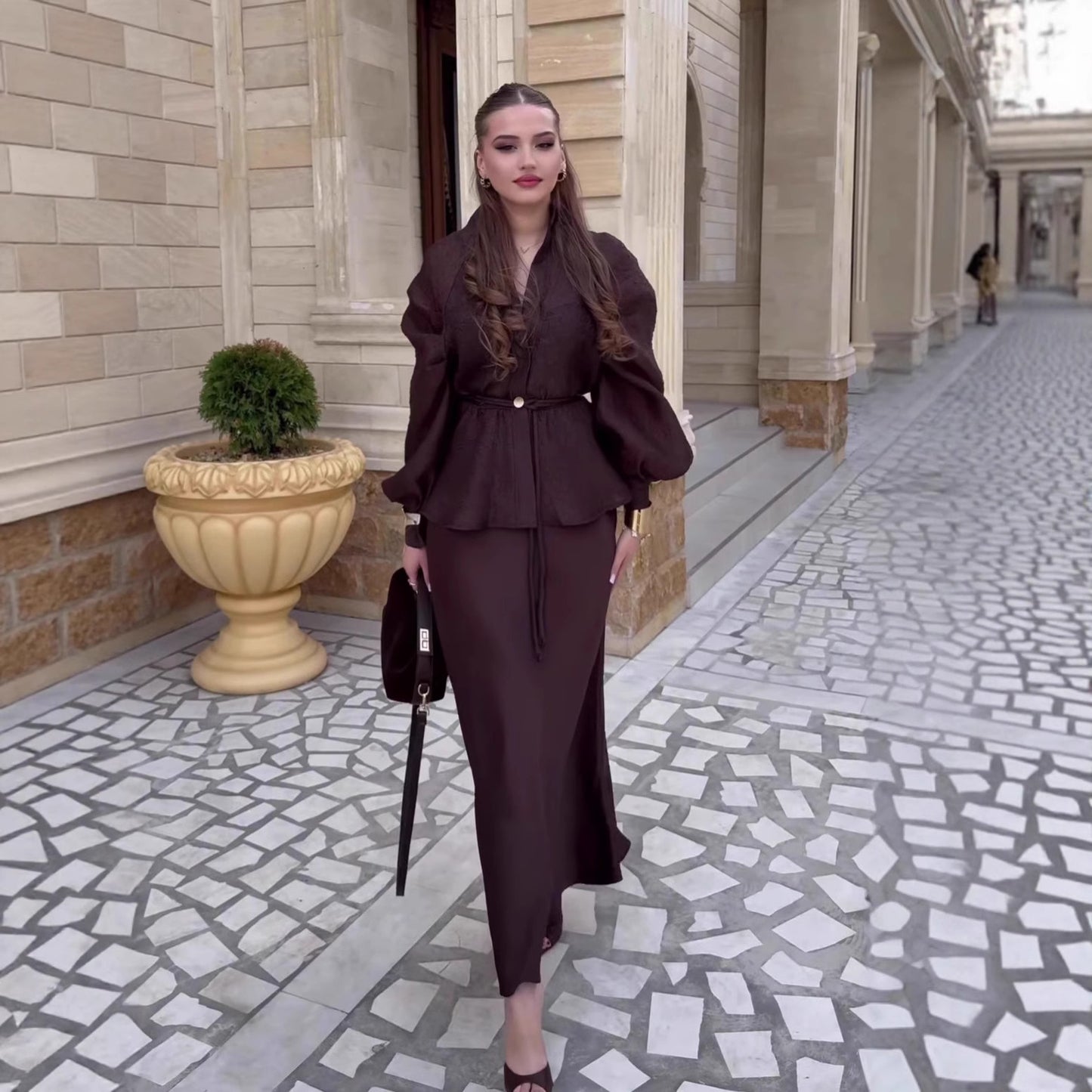 Elegant V-neck Waist-controlled Long Sleeves Cardigan Top High Waist Mid-length Dress Set