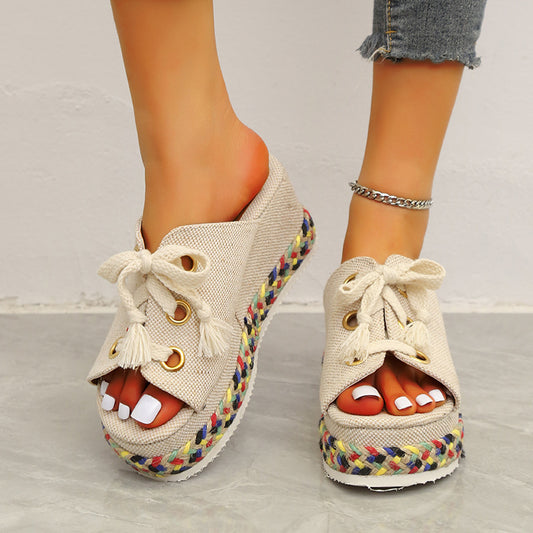 Women's Straw Woven Wedge Color-block Lace-up Slippers