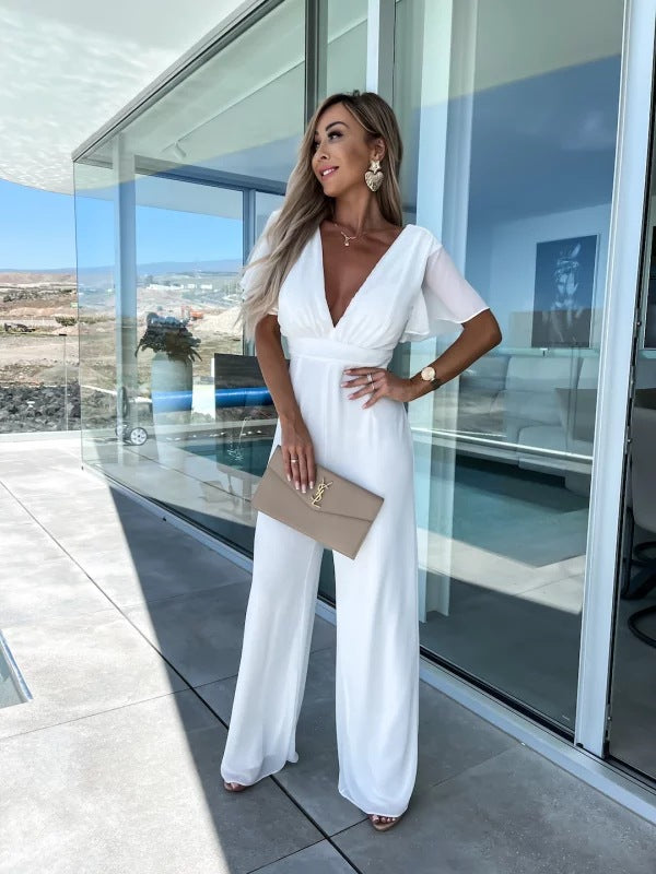Women's One-piece Deep V High Waist Wide Leg Trousers