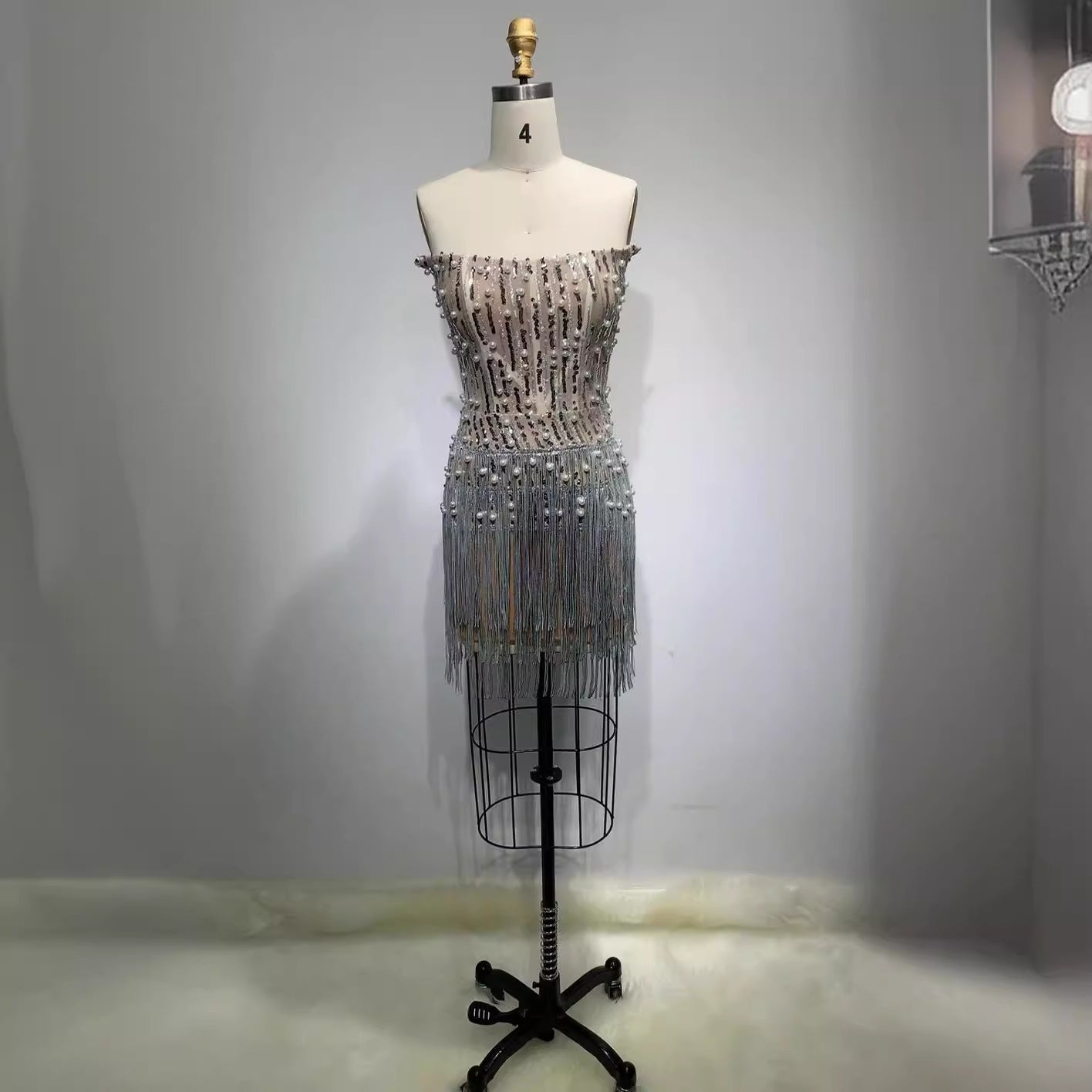 Solid-color Pearl- And Diamond-encrusted Tube Mini Dress With A Bandage-style Design