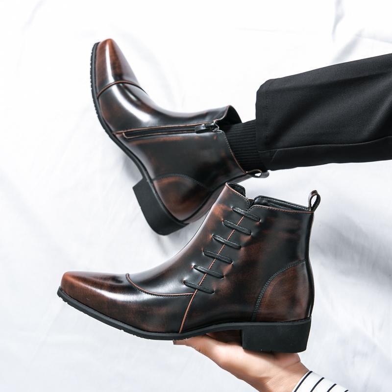 Large Size High-top Shoes Side Zipper Color Matching Leather Shoes Men's British Style