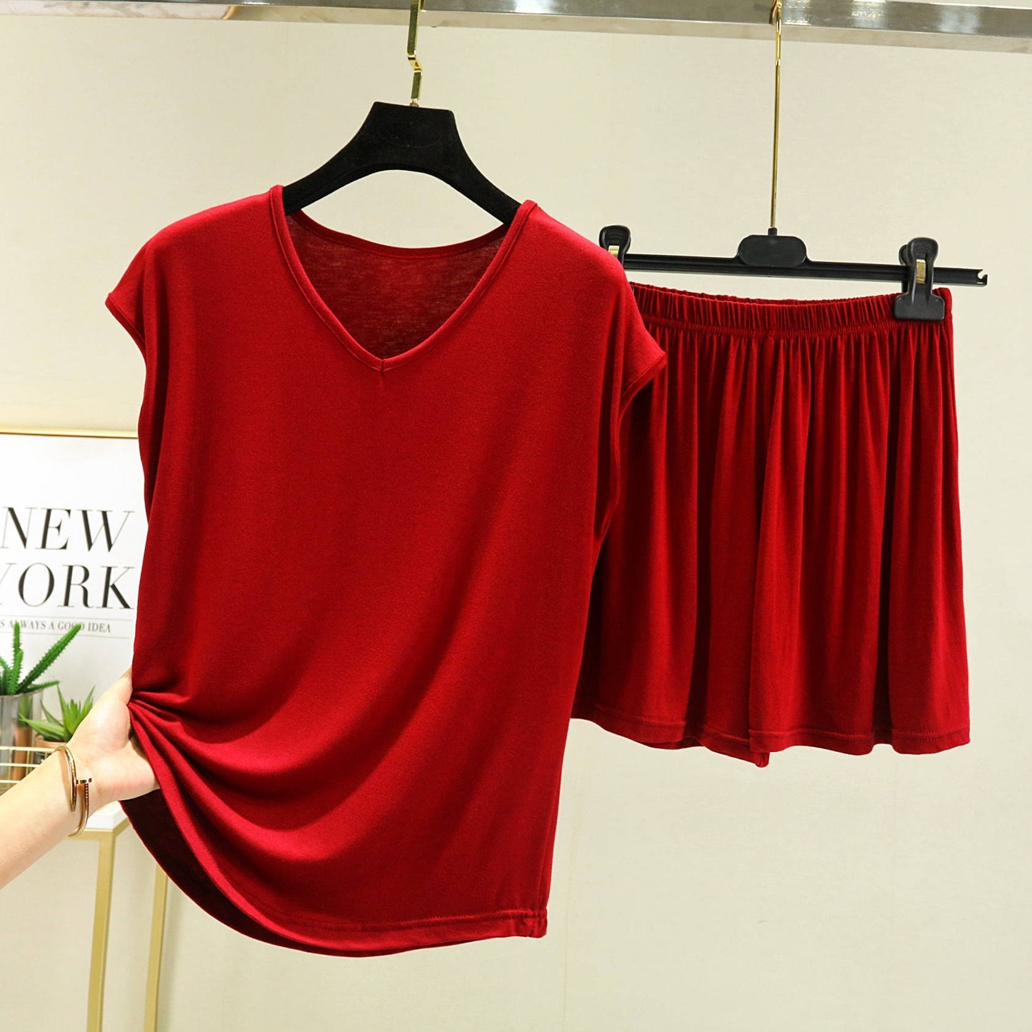 Summer Inner-layer V-neck Sleeveless T-shirt And Loose-fitting Pajama Pants Two-piece Set