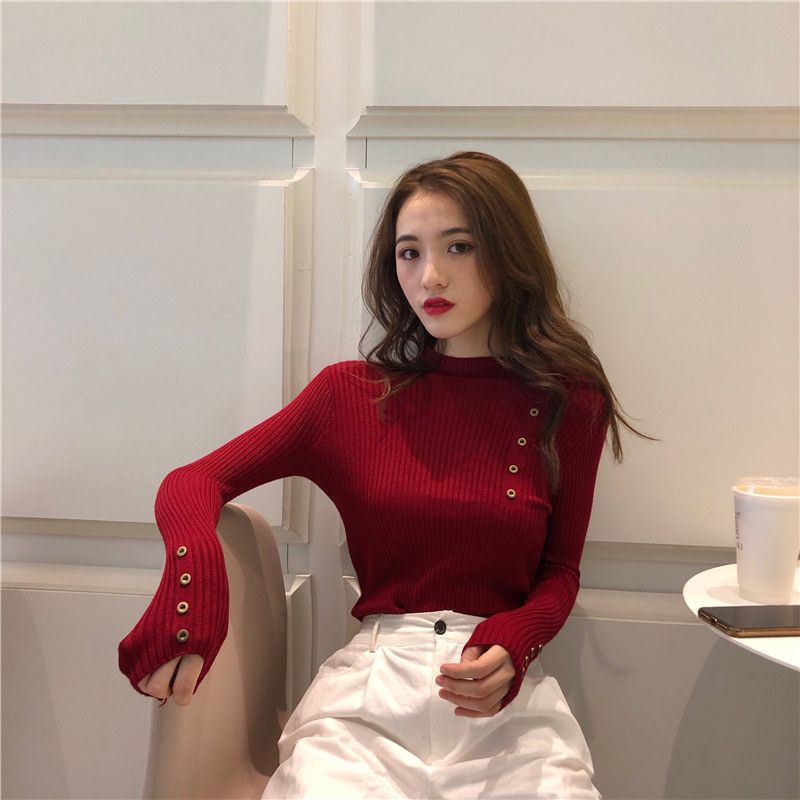 Autumn And Winter Button Half-high Collar Women's Sweater