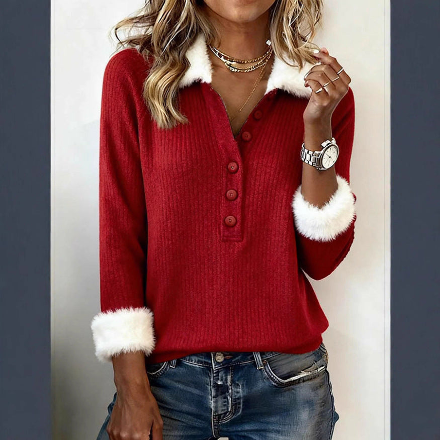 New FallWinter Polo-Neck Fuzzy Colorblock Knit Sweater
