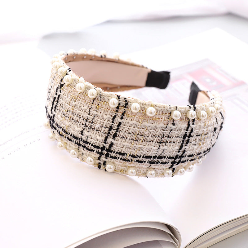 Pearl Headband Classic Ethnic Plaid Fabric