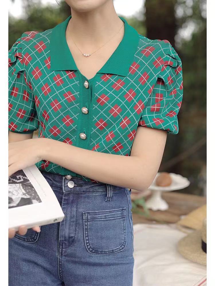 Women's Green Plaid Short-sleeved Knitted Cardigan Jacket