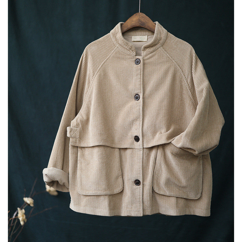 Short Stand Collar Long Sleeve Corduroy Jacket