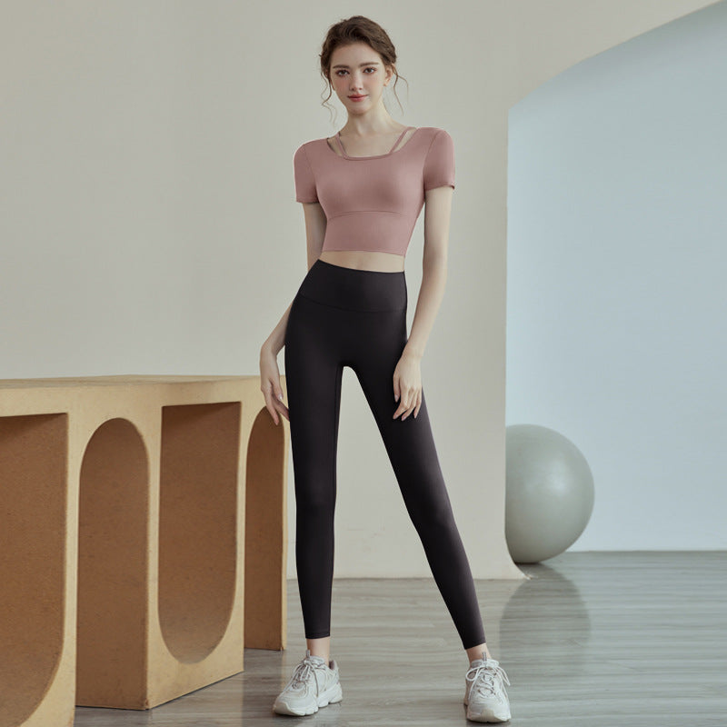 New Womens Solid-color Short-sleeve Yoga Set