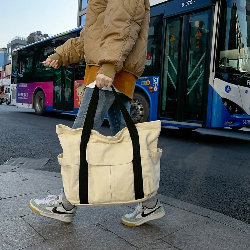 Japanese Large Capacity Solid Canvas Shoulder Bag Tote