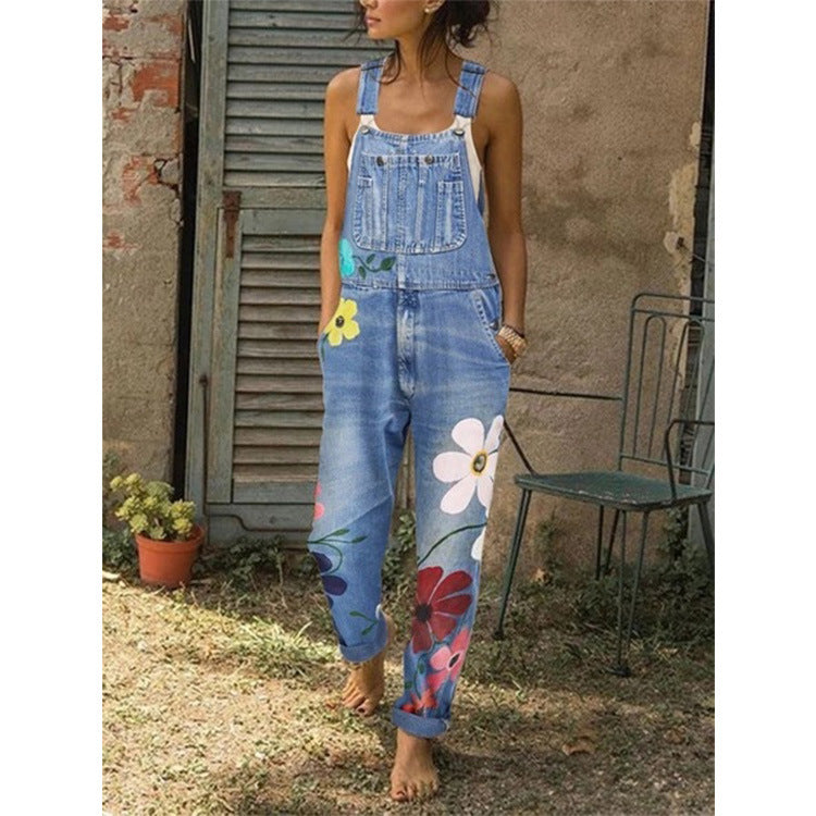 Ladies Printed Washed Denim Overalls Trousers