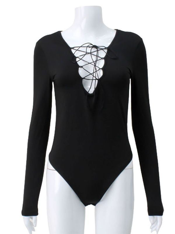 Long Sleeved Sexy Low Cut Hollow Out Tie Up Jumpsuit