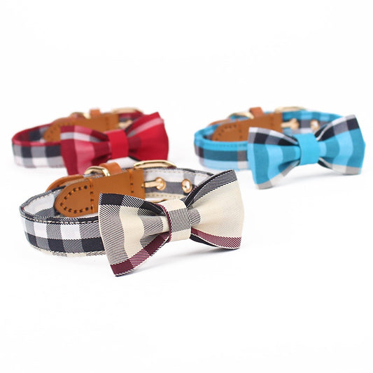 Leather Stitching Drawable Mesh Bow Pet Tie Collar