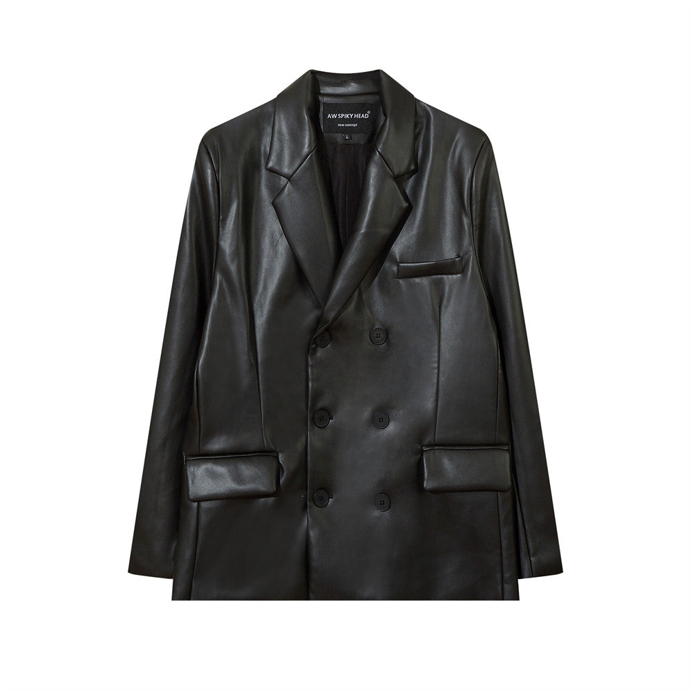 Double Breasted Suit Collar PU Leather Coat