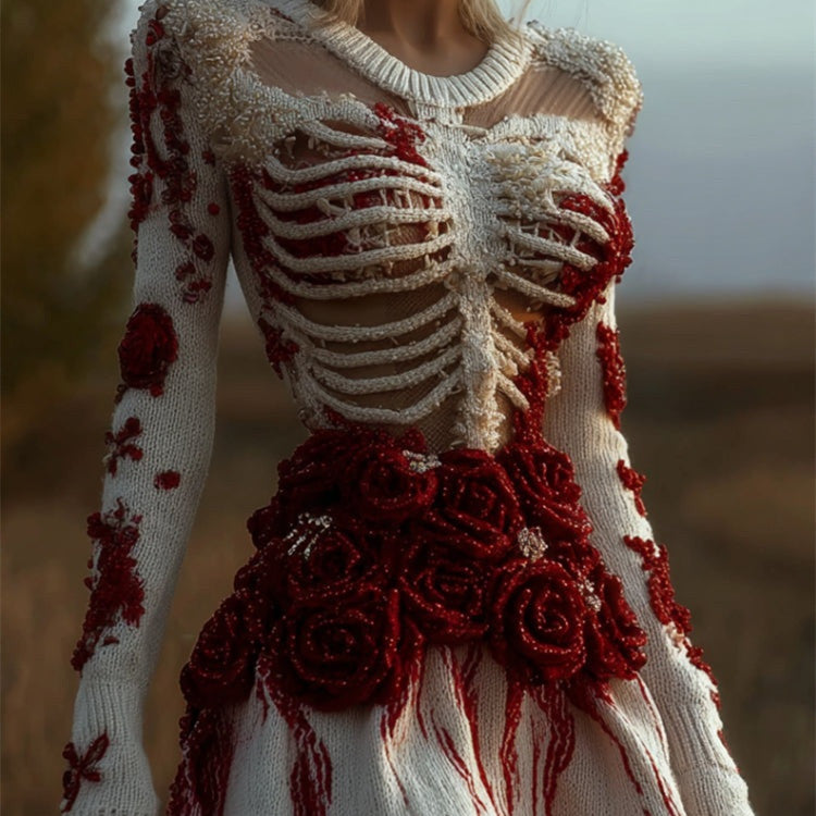 Long-sleeved Floral 3D-printed Dress With A Round Neckline