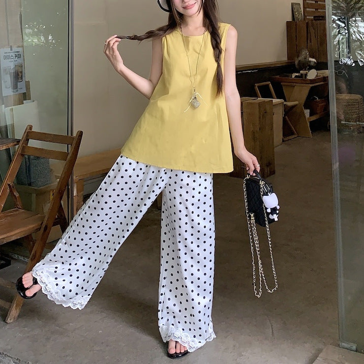Back-tie Tank Top And Polka-dot Wide-leg Pants Two-piece Set For Women, Perfect For Summer