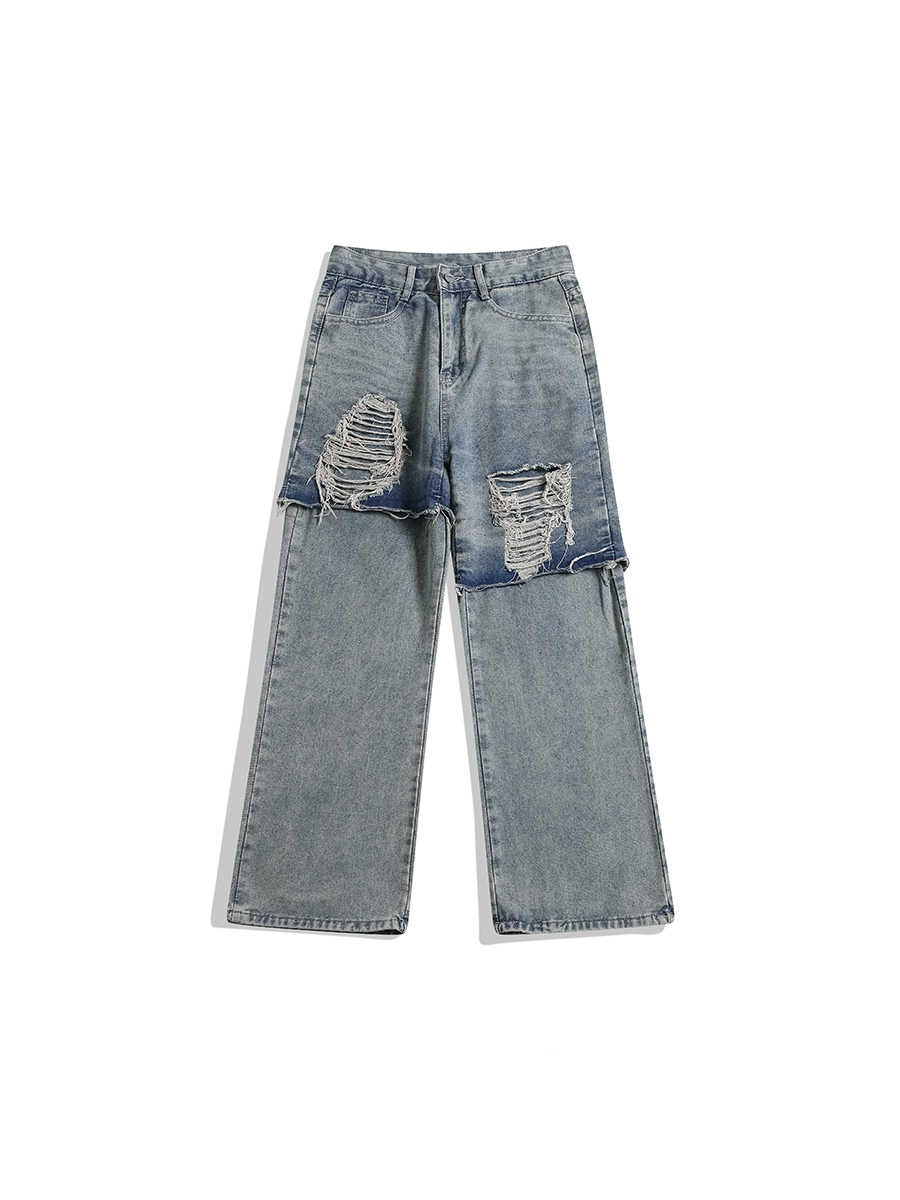 Washed Mud Dyed Ripped Jeans Plus Size Casual Pants