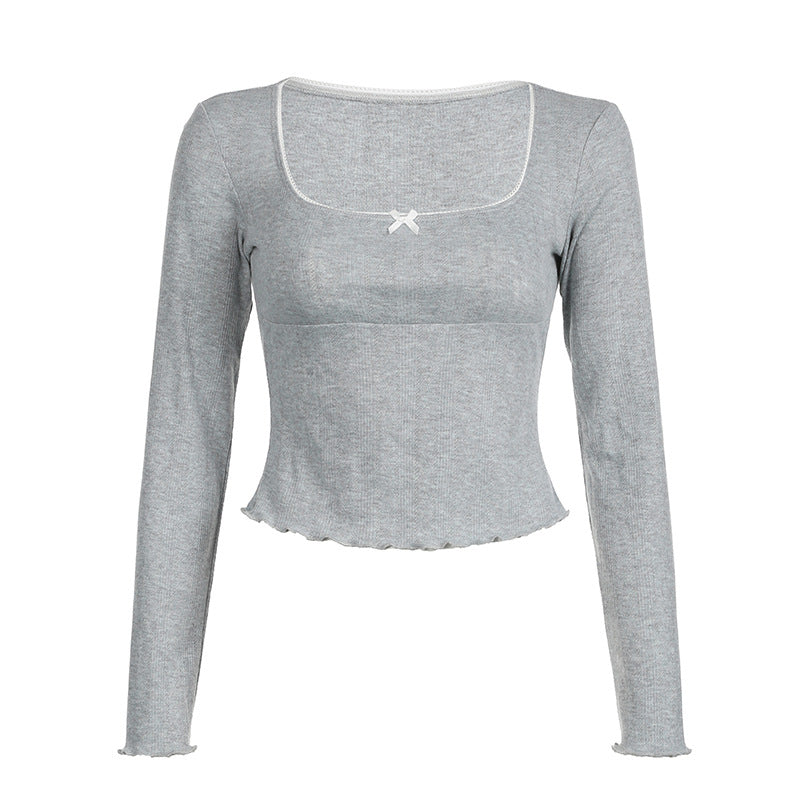Solid Color Square Collar Women's Long-sleeved T-shirt Bow Top