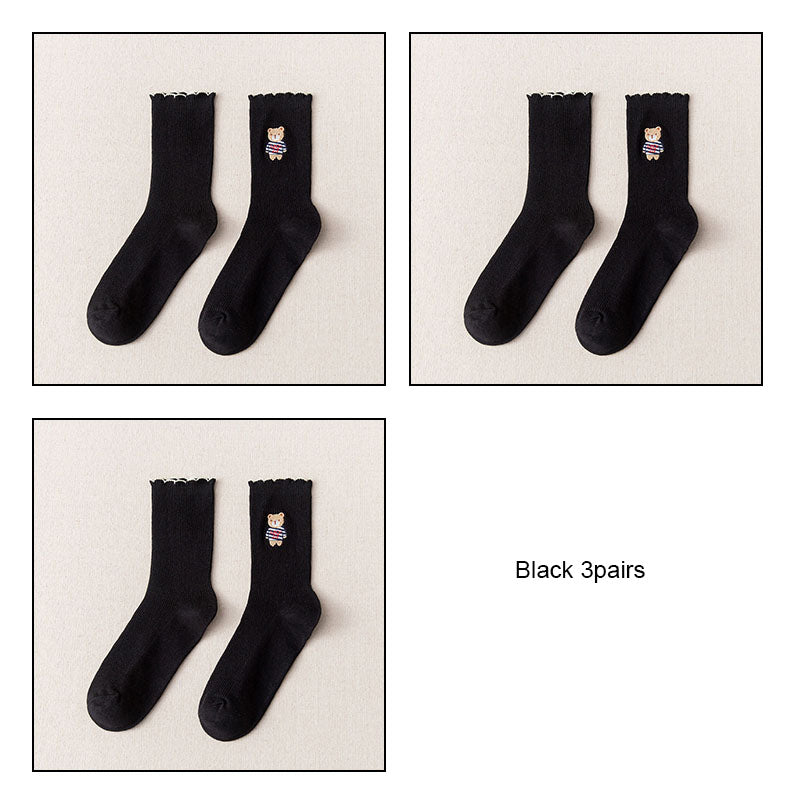 Women's Bear Embroidered Fungus Lace Mid Tube Socks