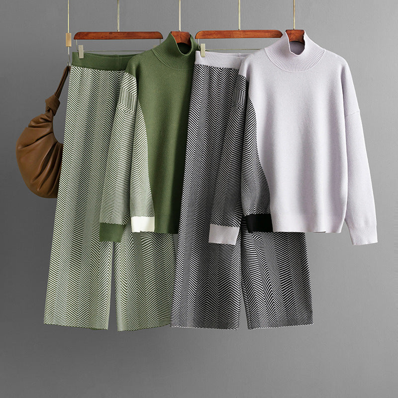 Half Turtleneck Loose Knitted Top Wide Leg Pants Two-piece Set