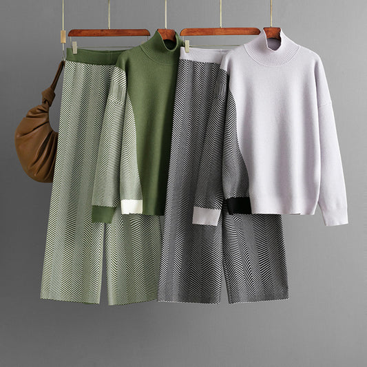 Half Turtleneck Loose Knitted Top Wide Leg Pants Two-piece Set