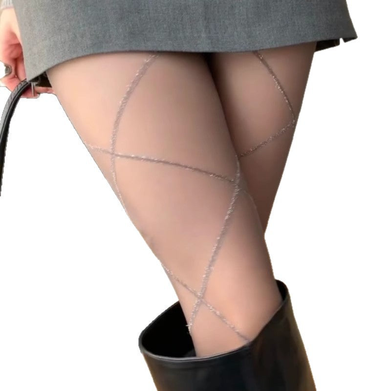 Womens Stocking With Silver-thread Crisscross Diamond Pattern