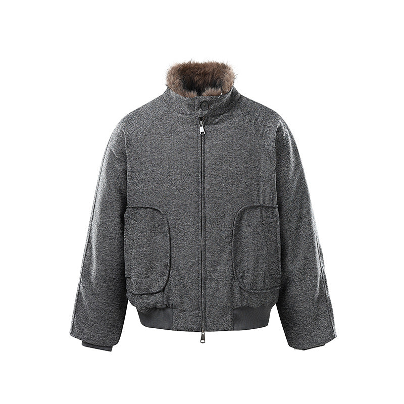 Street Multi-pocket Fleece Padded Short Stand-up Collar Cotton-padded Coat