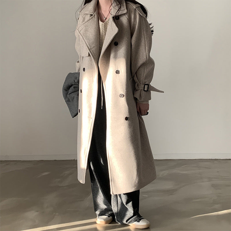 Double Breasted Lace-up Waist-controlled Slimming Mid-length Woolen Coat