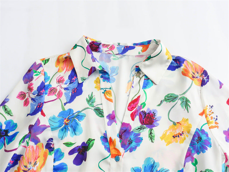 Women's French Fashion Floral Print Satin Shirt Women