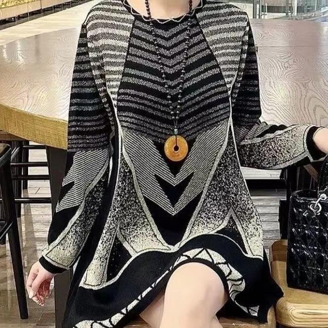 New Mid-length Round Neck Autumn And Winter Geometric Sweater