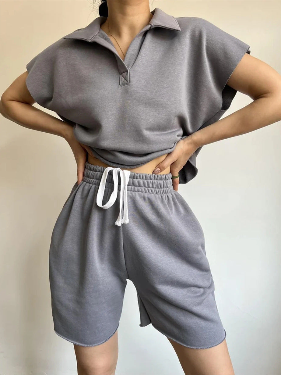 Lapel-collar Full-sleeve Loose Top And Drawstring Shorts Set