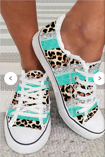 Leopard Print 3D Printed Color Matching Casual Flat Bottomed Canvas Shoes