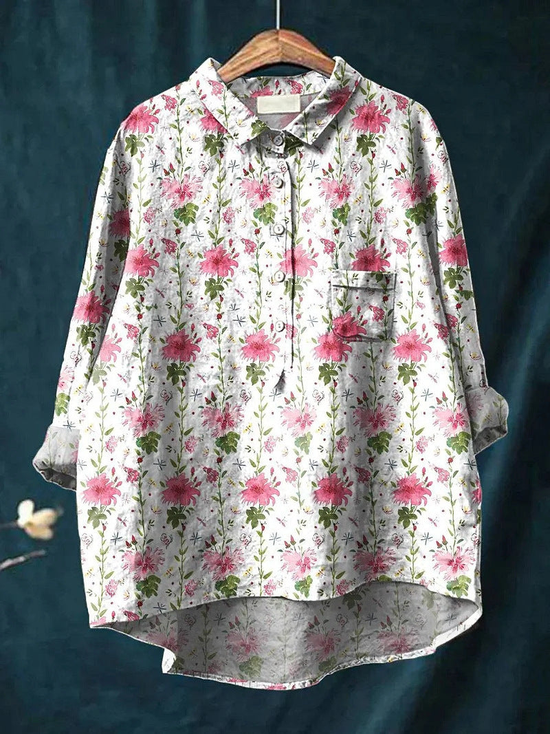 Lapel Long Sleeve Shirt Vintage Floral Flower T-shirt Shirt