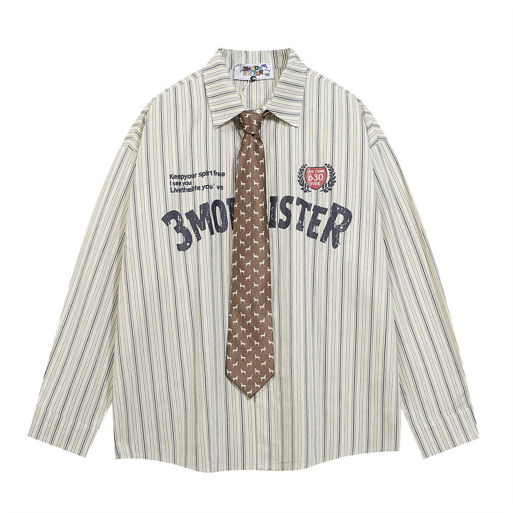 Letter Print With Tie Vertical Stripes Long Sleeve Shirt For Men