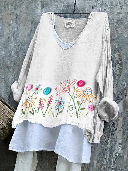 Women's Button Flower Pattern Print Cotton & Linen Shirt