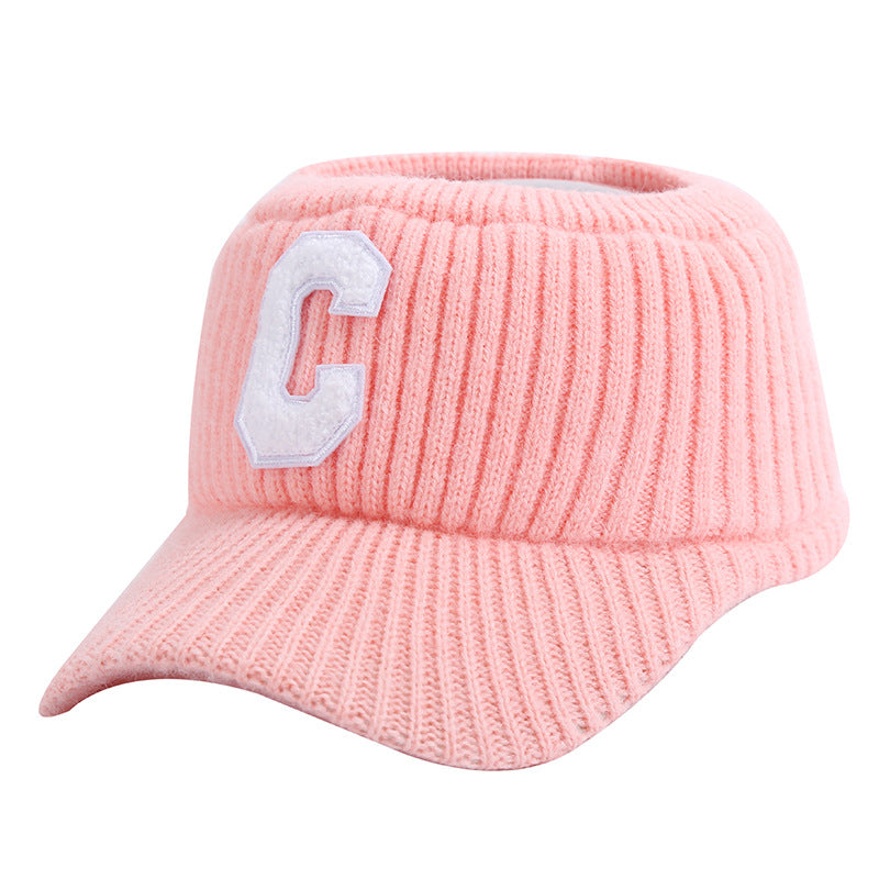 Female C Letter Fleece Warm Empty Top Knitted Baseball Hat