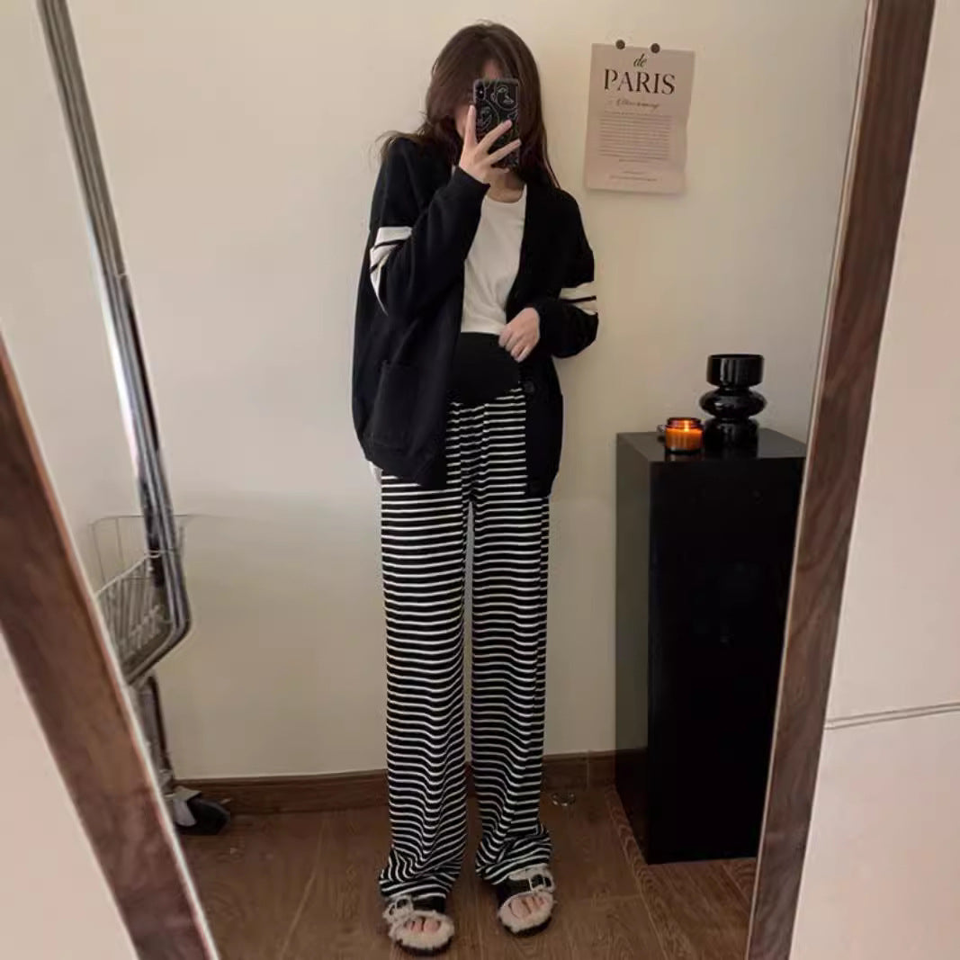 Wide-leg Pants Slimming Loose Horizontal Stripes Idle Style During Pregnancy