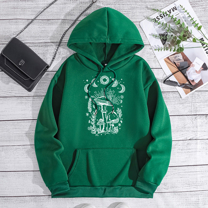 Printed Heel Wrap Collar Velvet Thickened Hooded Sweatshirt