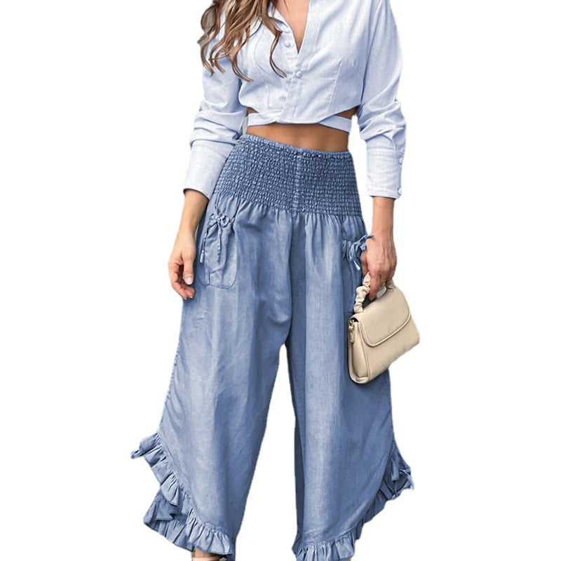 Fashion Casual Shirt Lace Ruffle Pocket High Waist Pants
