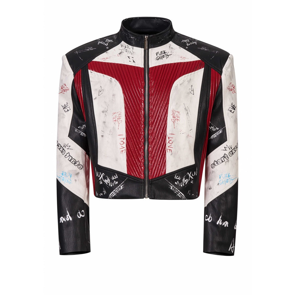 Short Stand-up Collar Graffiti Leather Jacket For Men