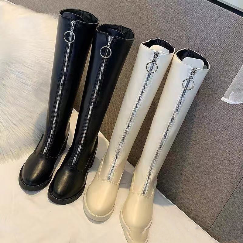 Women's Knee High Heel Zipper Front Boots And Suede Leather