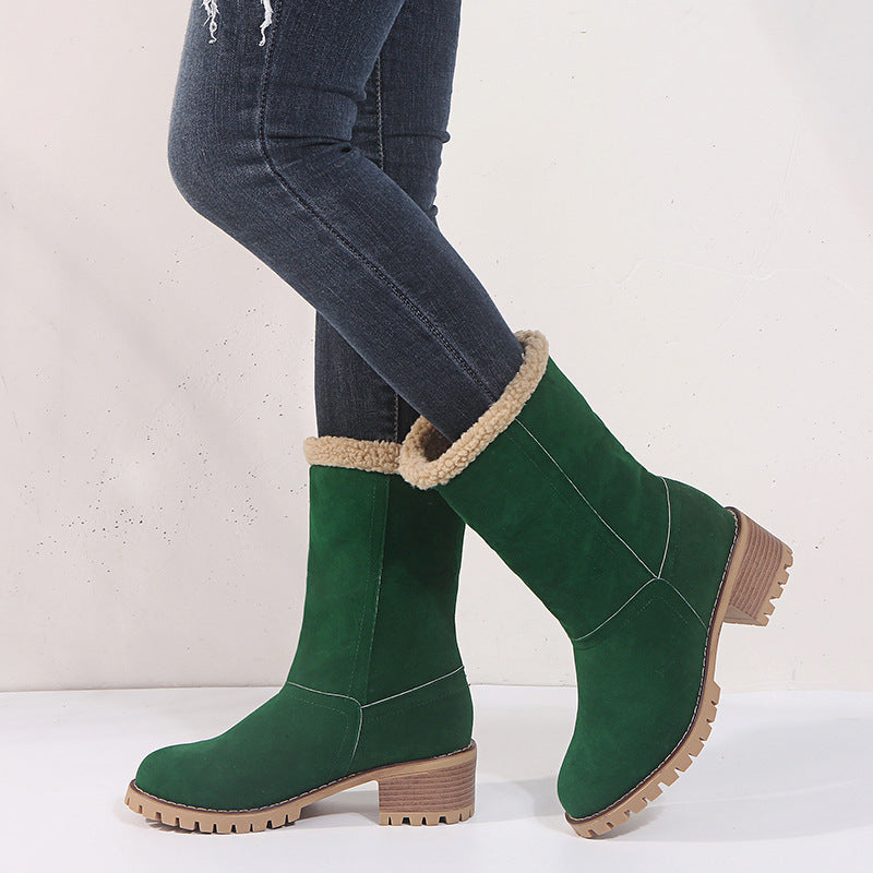 Suede Ankle Boots Adjustable Foldable Mid-Calf Boot Winter Flock Square Heels Shoes Fashion Plush Warm Platform Non-Slip Shoes