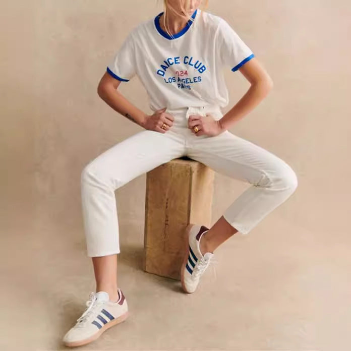 Summer New Retro Casual Letter Print Round Neck Straight Top Short Sleeve