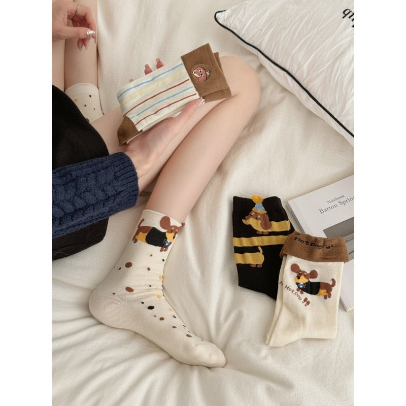 Autumn And Winter Puppy Embroidery Tube Socks Flanging Cartoon Sausage Dog Vertical Bar Bunching Socks