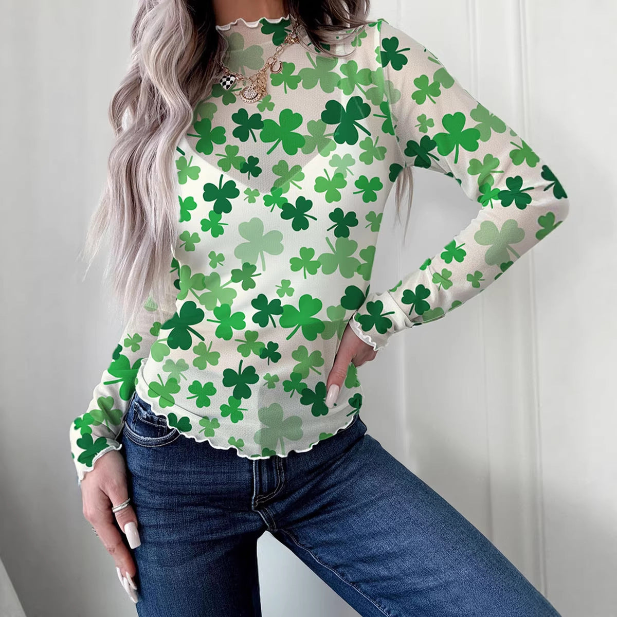 Fashionable Slim-fit Top With A Clover Print For Women